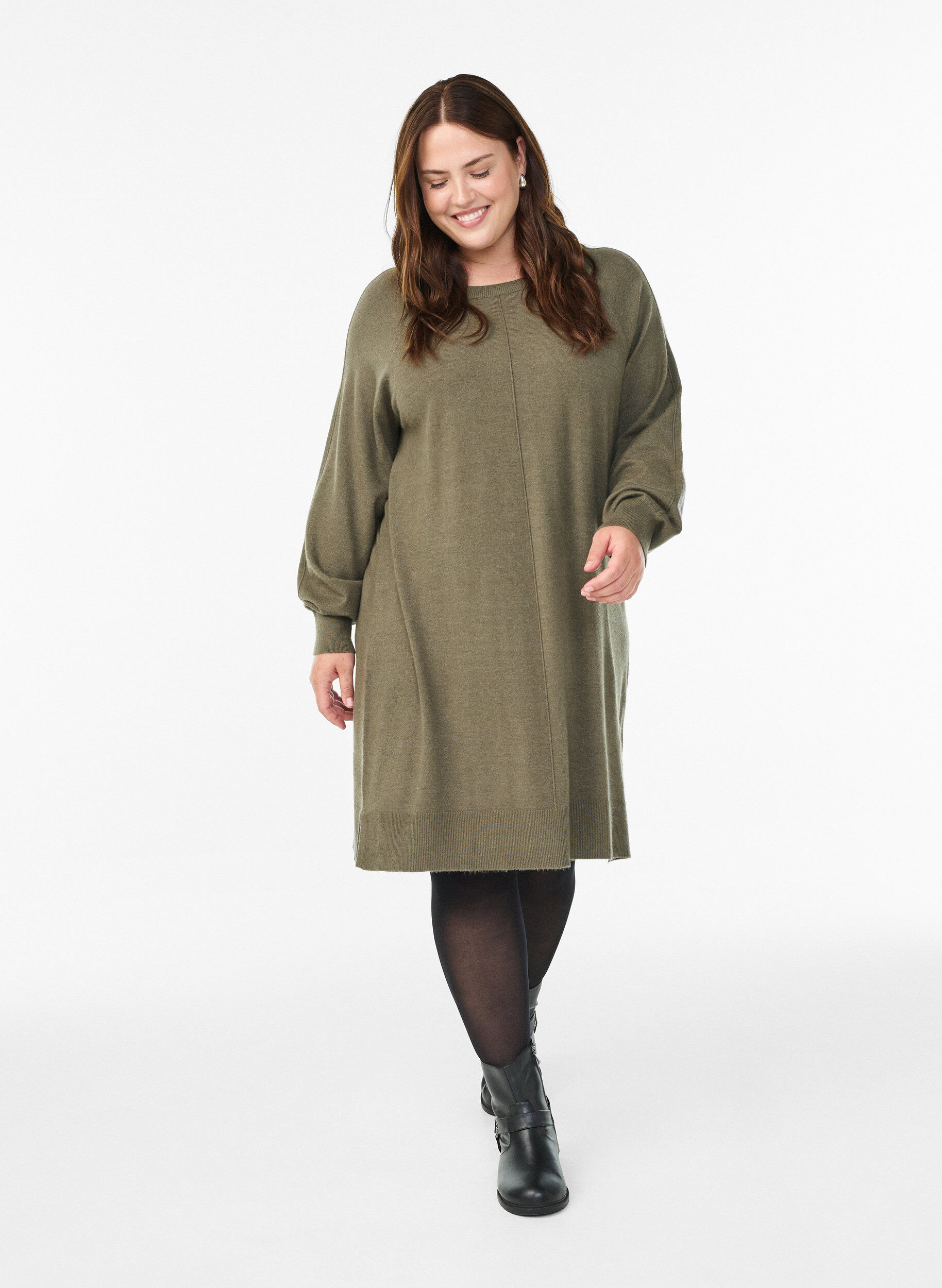 ZizziKort strikkekjole med raglanermer og en midts&oslash;m, Gr&oslash;nn, Model image number 1