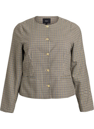 Zizzi Kort jakke med gullfargede knapper, Check brown, Packshot image number 0