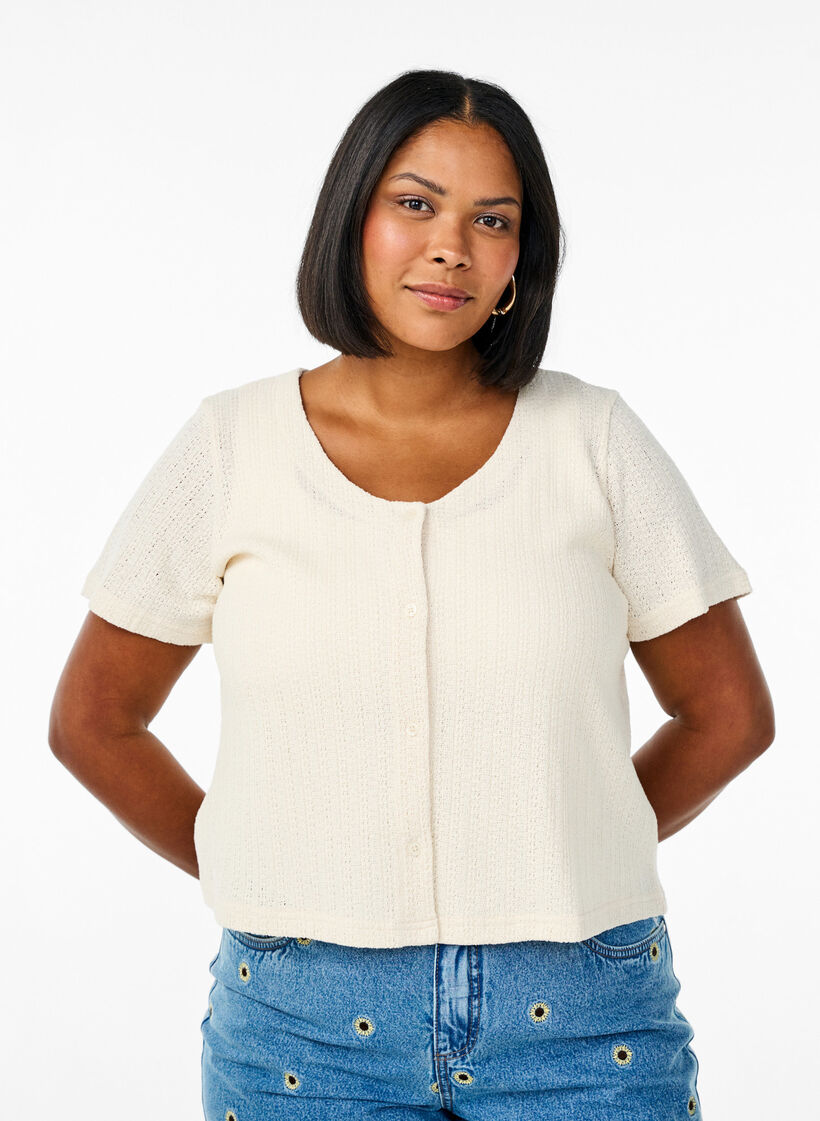Jersey cardigan med korte ermer, Buttercream, Model