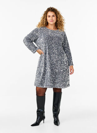 Zizzi Paljettkjole med sløyfedetalj, Silver, Model image number 3
