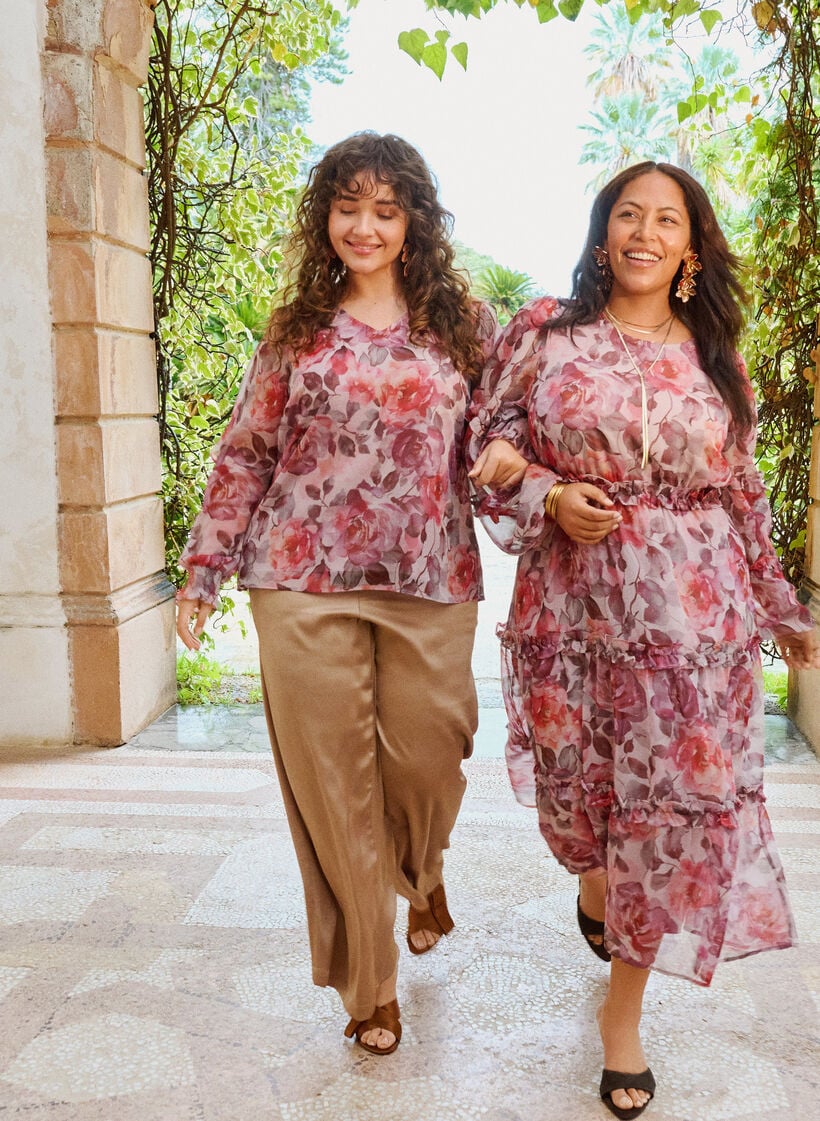 Bluse med blomstertrykk, V-hals og rysjede ermer, Rosa, Image image number 0