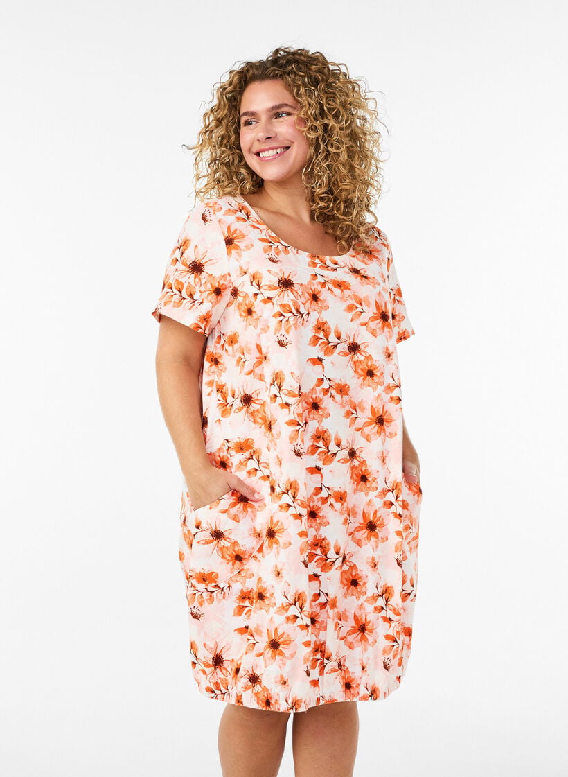 Kortermet bomullskjole med trykk, Orange, Model image number 0