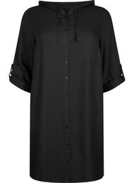 Skjortekjole i viskose med hette og 3/4-ermer, Black