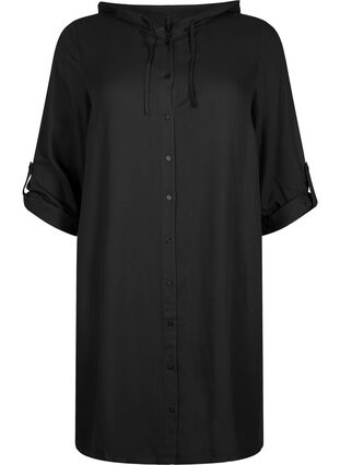 Skjortekjole i viskose med hette og 3/4-ermer, Black, Packshot image number 0