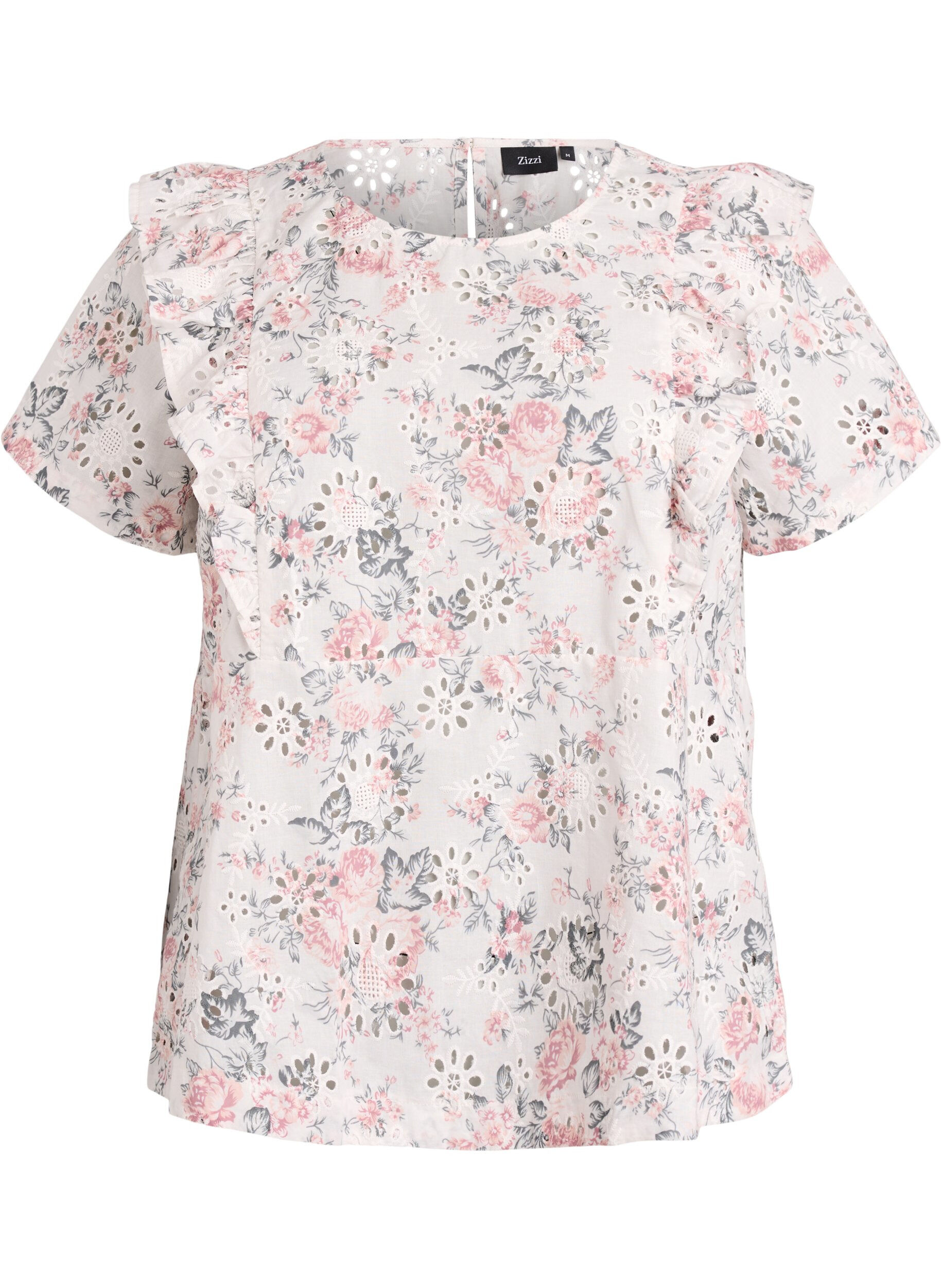 Bluse i bomull med broderie anglaise og volanger
