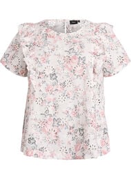 Bluse i bomull med broderie anglaise og volanger, Rosa