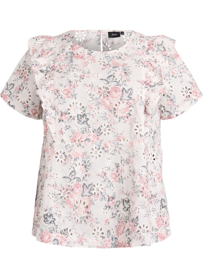 Bluse i bomull med broderie anglaise og volanger, Rosa, Packshot image number 0