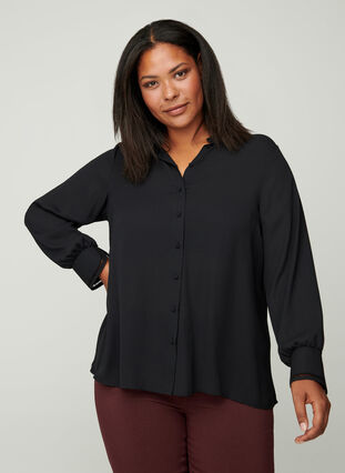 Langermet skjorte med feminine detaljer, Black, Model image number 0