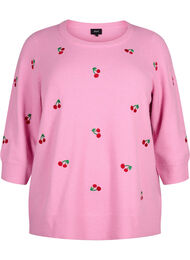 3/4-ermet strikket bluse med kirsebær, B.Pink/Wh.Mel/Cherry