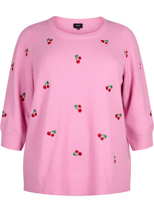 3/4-ermet strikket bluse med kirsebær, B.Pink/Wh.Mel/Cherry, Packshot image number 0