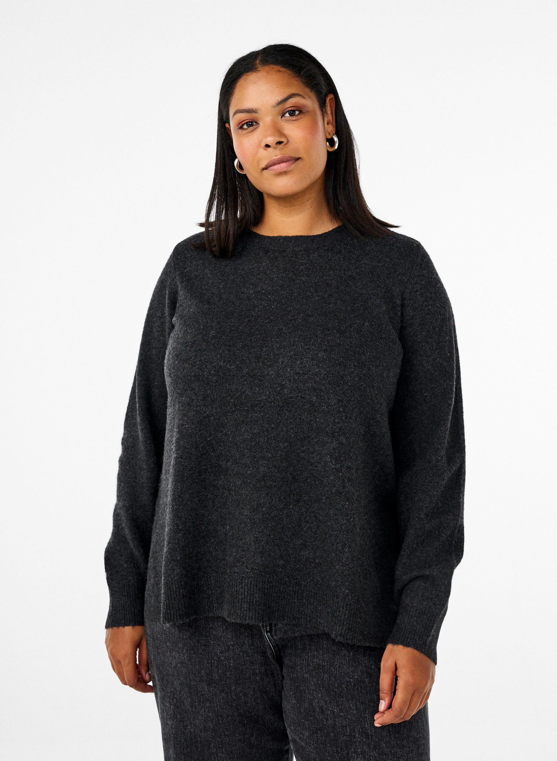 Zizzi Strikket topp med ull og splitter, Dark Grey Melange, Model image number 0