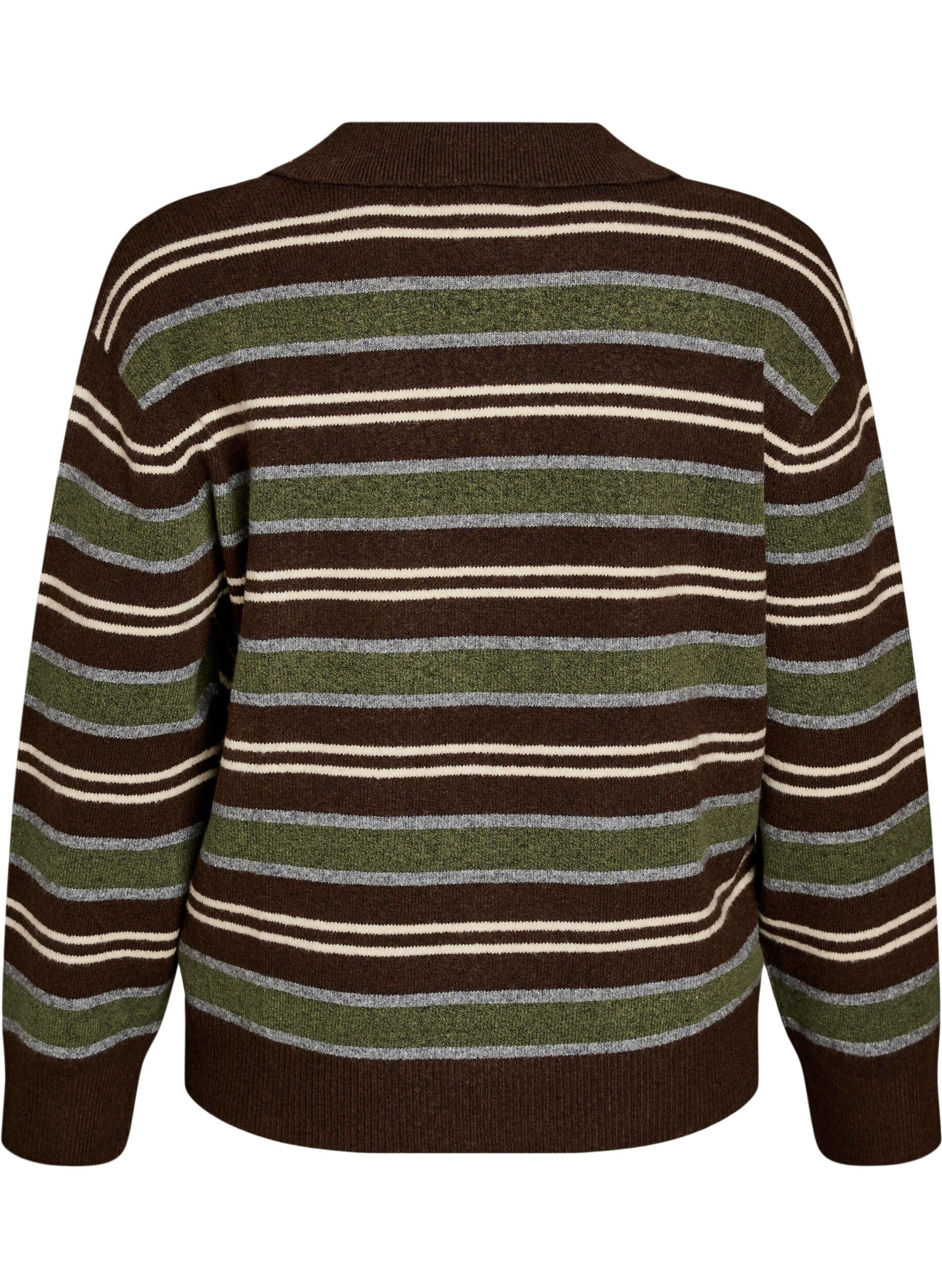 ZizziStrikkebluse med striper og poloskjorte krage, Brun, Packshot image number 1
