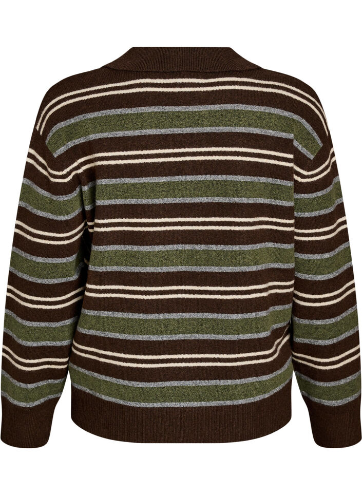 Strikkebluse med striper og poloskjorte krage, Brun, Packshot image number 1