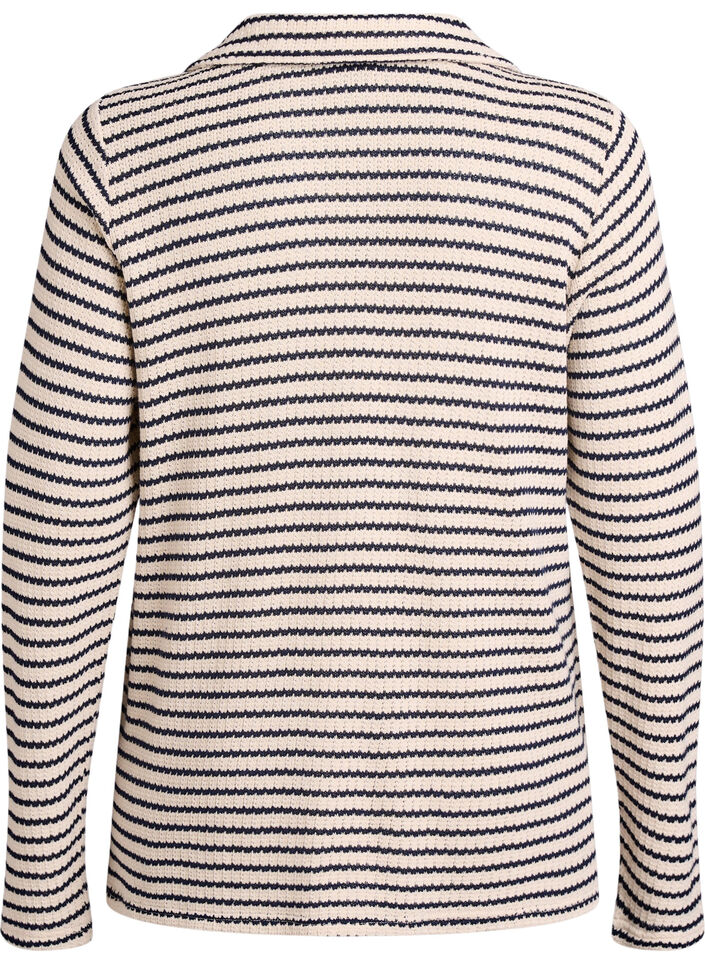 Stripete bluse i jerseystoff med krage og V-hals, Beige, Packshot image number 1