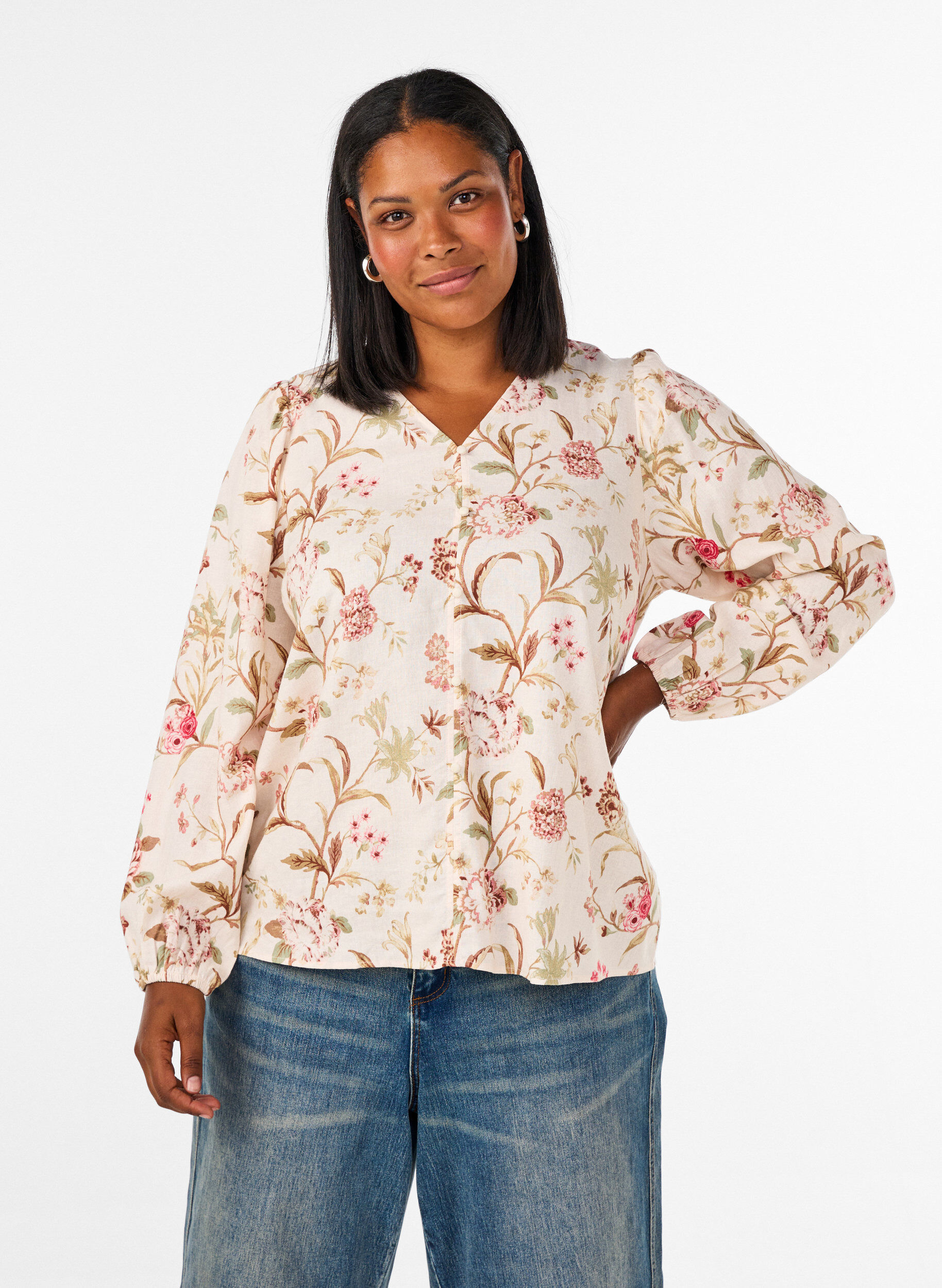 ZizziBluse med blomstertrykk i lin og viskose med lange ermer, Vanilje, Model image number 0