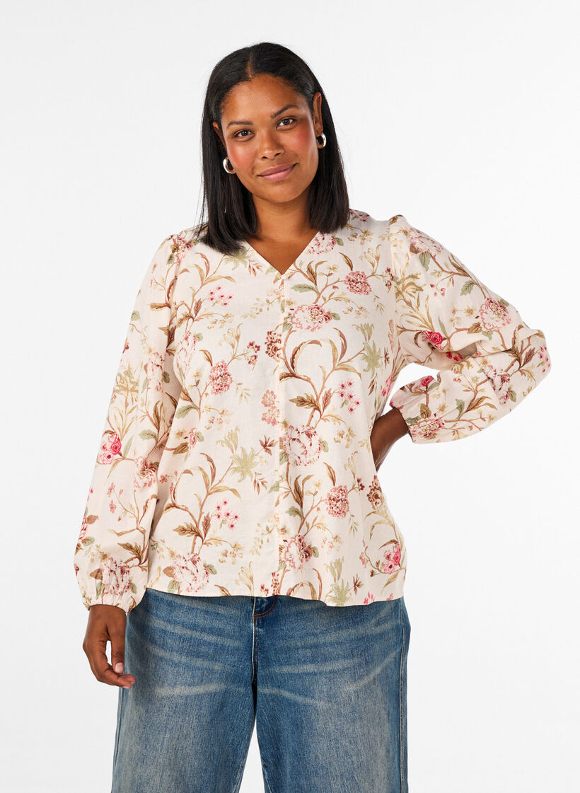Bluse med blomstertrykk i lin og viskose med lange ermer, Vanilje, Model image number 0