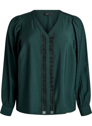 Zizzi Bluse med V-hals og broderte bånd, Grønn, Packshot image number 0
