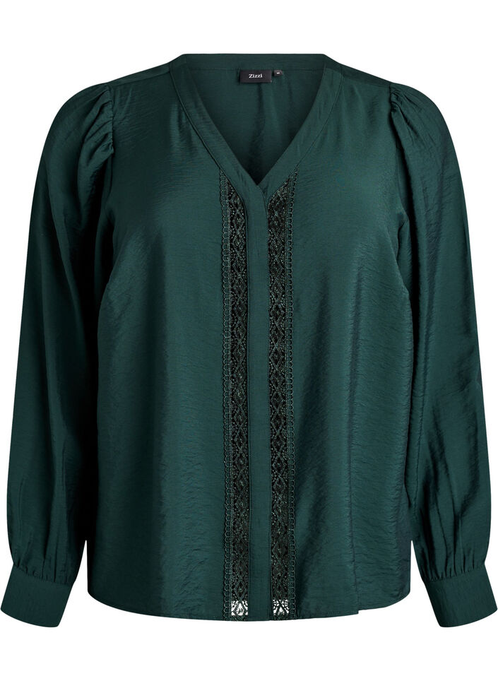 Bluse med V-hals og broderte bånd, Grønn, Packshot image number 0