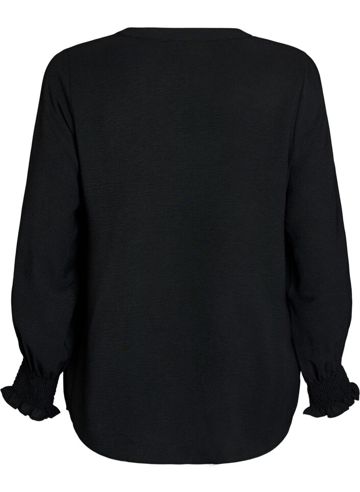 Bluse med smockmansjetter og V-hals, Svart, Packshot image number 1
