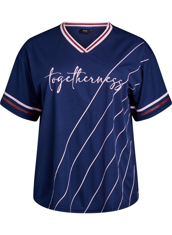 Sporty t-skjorte med striper og tekstmotiv, Bl&aring;, Packshot image number 0