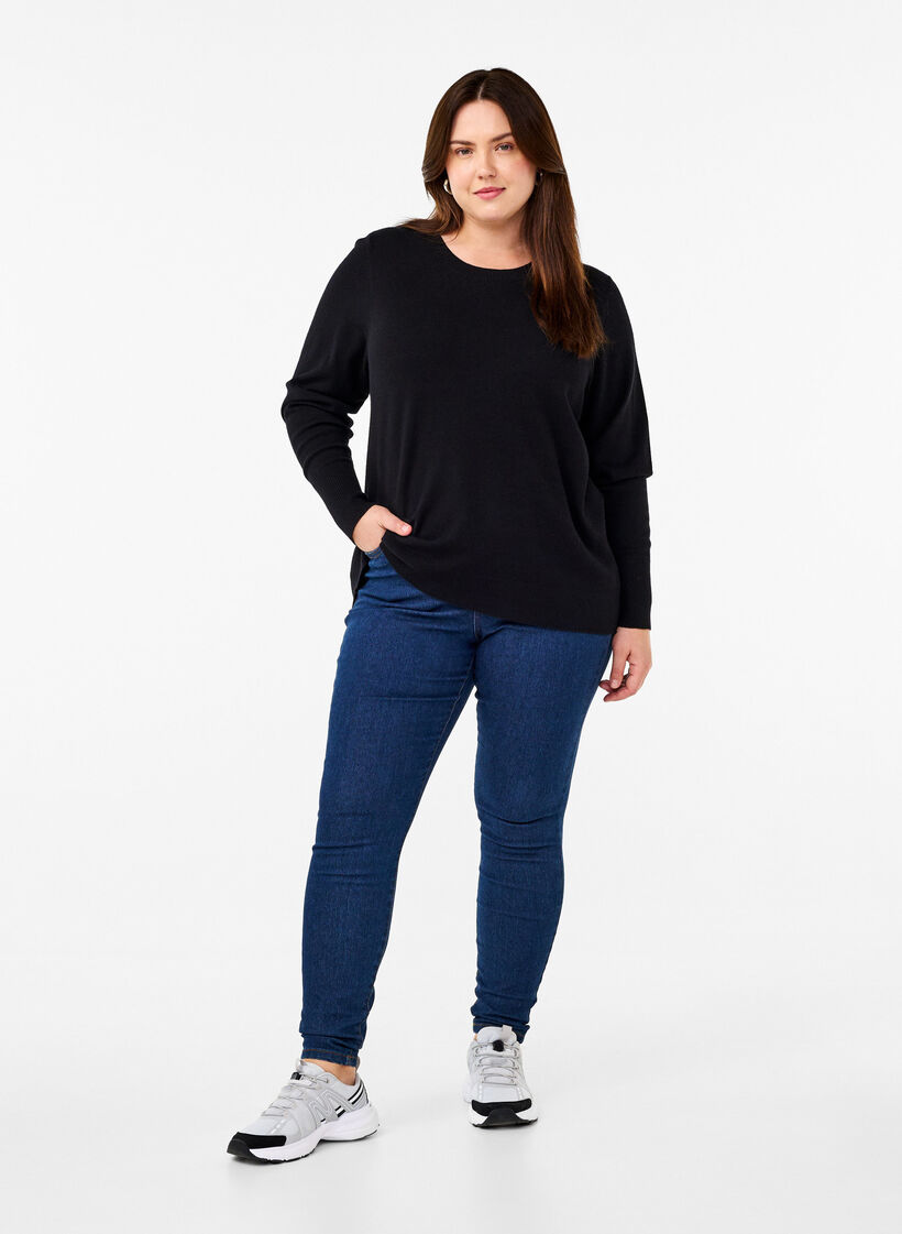 Strikket bluse med rund hals, Svart, Model image number 1