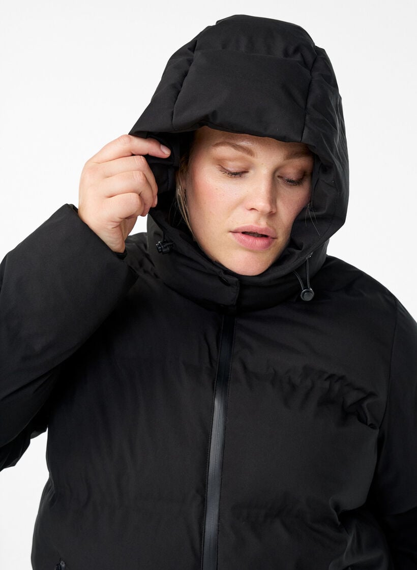 Kort pufferjakke med avtagbar hette, Svart, Model image number 3