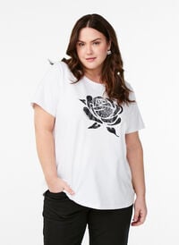 T-skjorte i organisk bomull med blomstermønster, B. White w. Rose T-skjorte i organisk bomull med blomstermønster, B. White w. Rose, Model