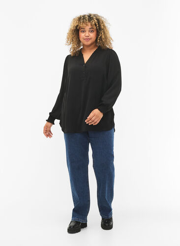 Bluse med vaffelsøm og v-utringning, Black, Model image number 2