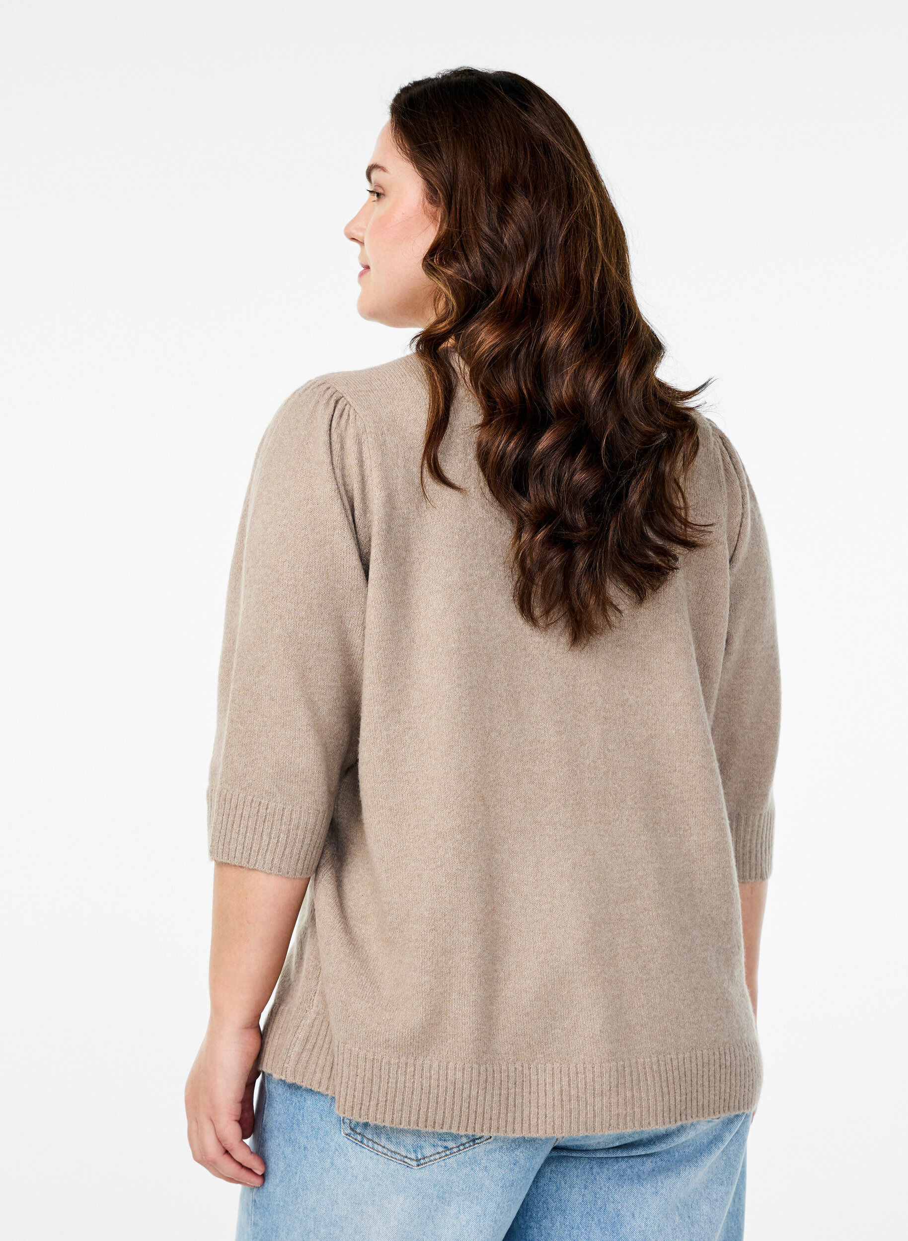 Zizzi Strikket bluse med broderte blomster, Simply Taupe Mel., Model image number 1