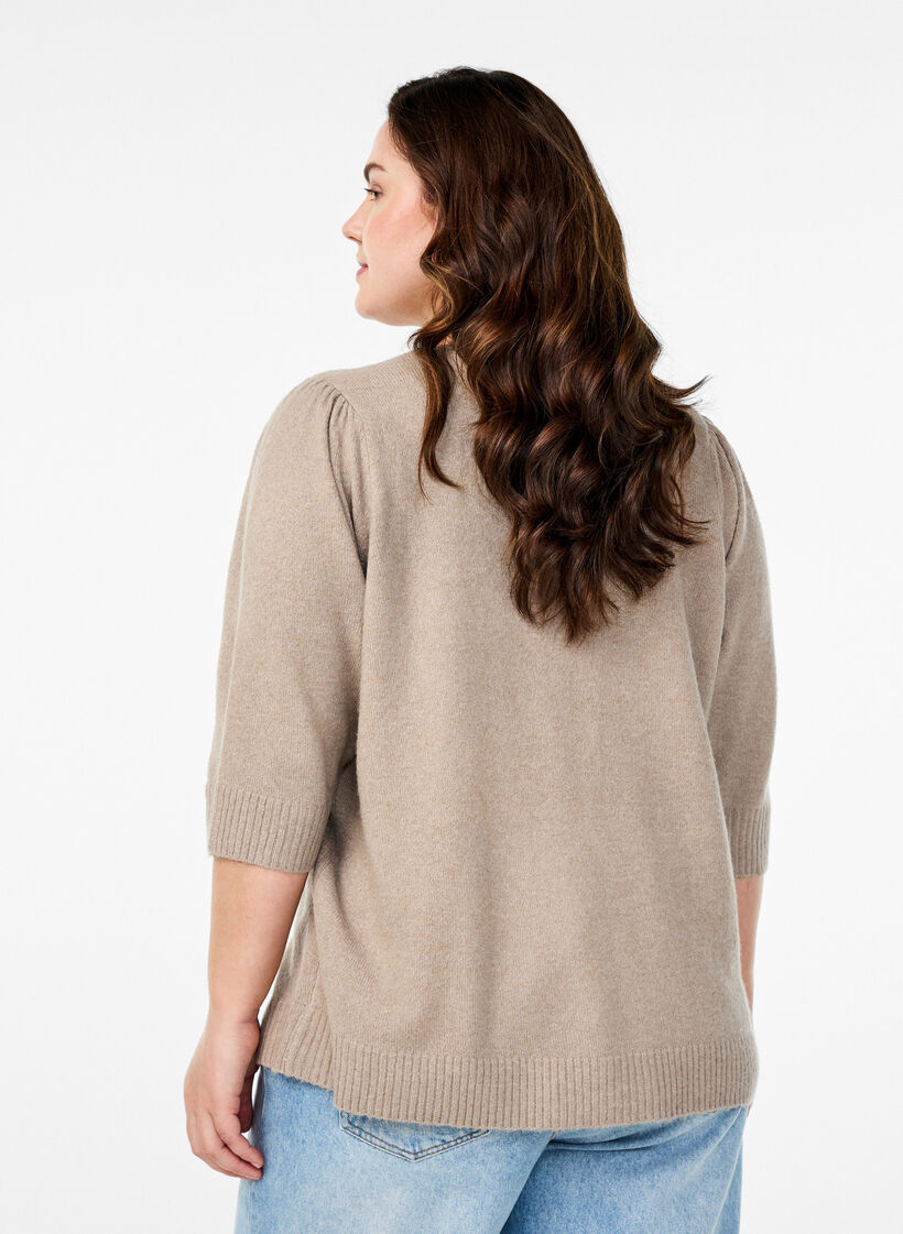 Strikket bluse med broderte blomster, Simply Taupe Mel., Model image number 1