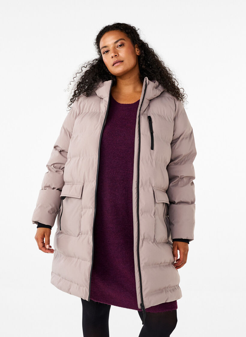 Pufferjakke med hette og lommer, Beige, Model image number 0