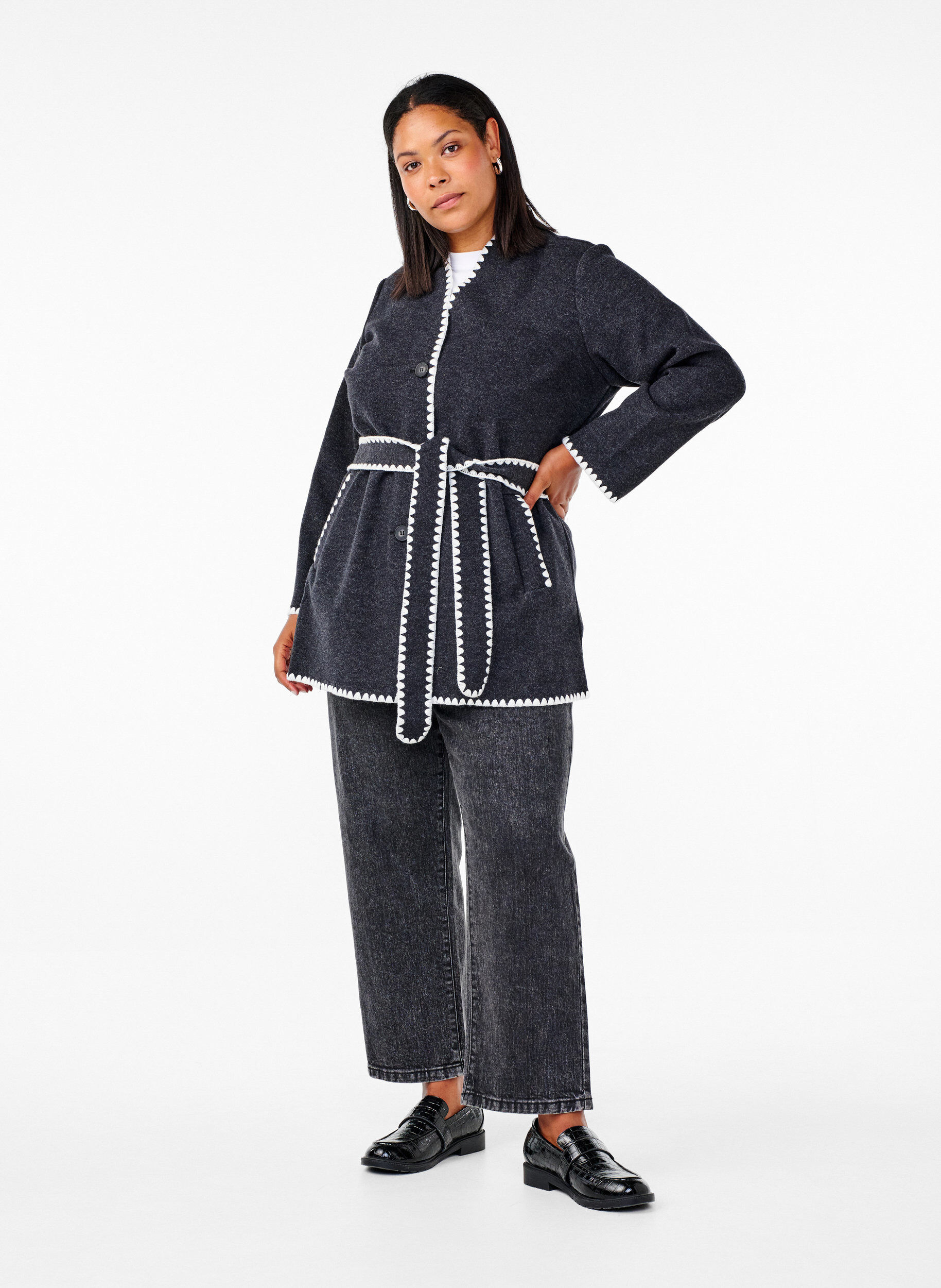 Zizzi Jakke med kontrastfargede kanter, Dark Grey Melange, Model image number 2