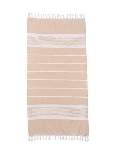 Stripete håndkle med frynser, Light Beige Melange, Packshot image number 1