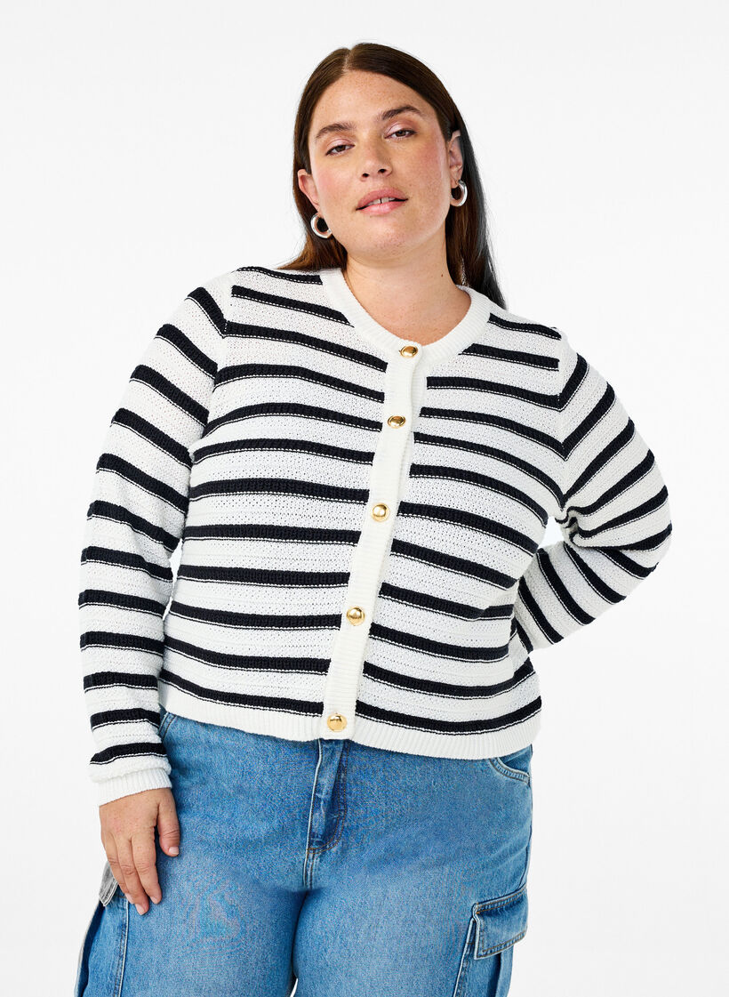 Stripet strikket cardigan med gullknapper, Cloud D. w. Black, Model