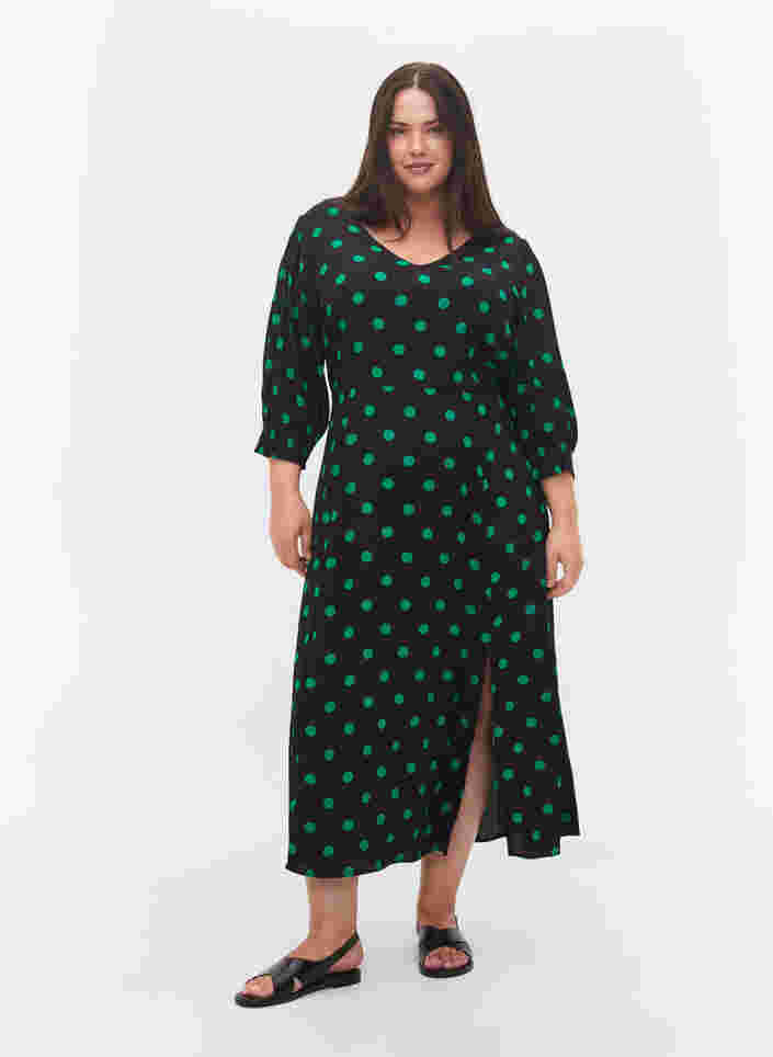 Midikjole med prikker i viskose, Black Jol Green Dot, Model