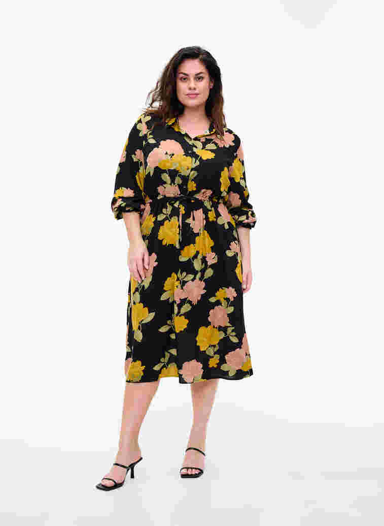 Blomstrete kjole i viskose med knyting, Scarab Flower, Model image number 0