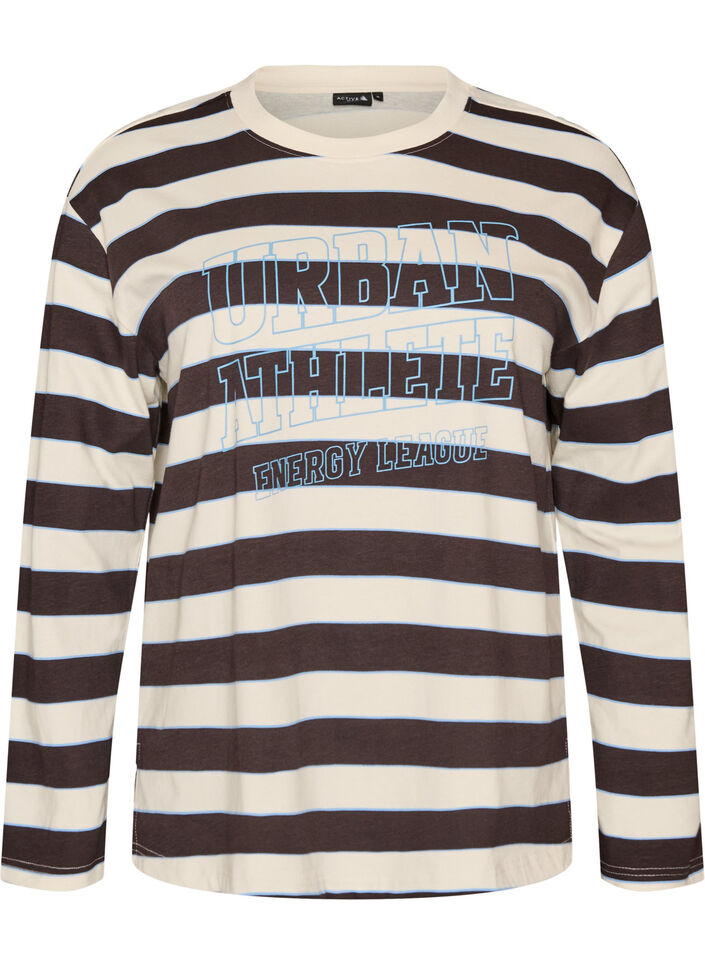 Stripete jerseybluse med sporty teksttrykk, Brun, Packshot image number 0