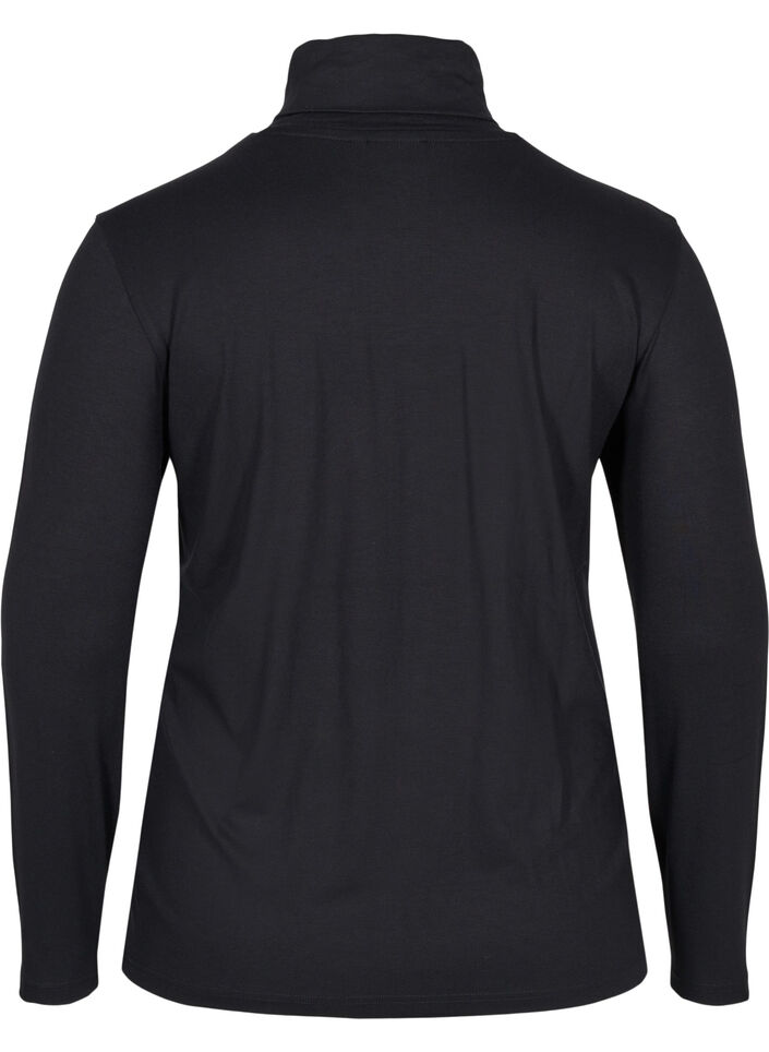 Langermet bomullsbluse med rullekrage, Solid Black, Packshot image number 1