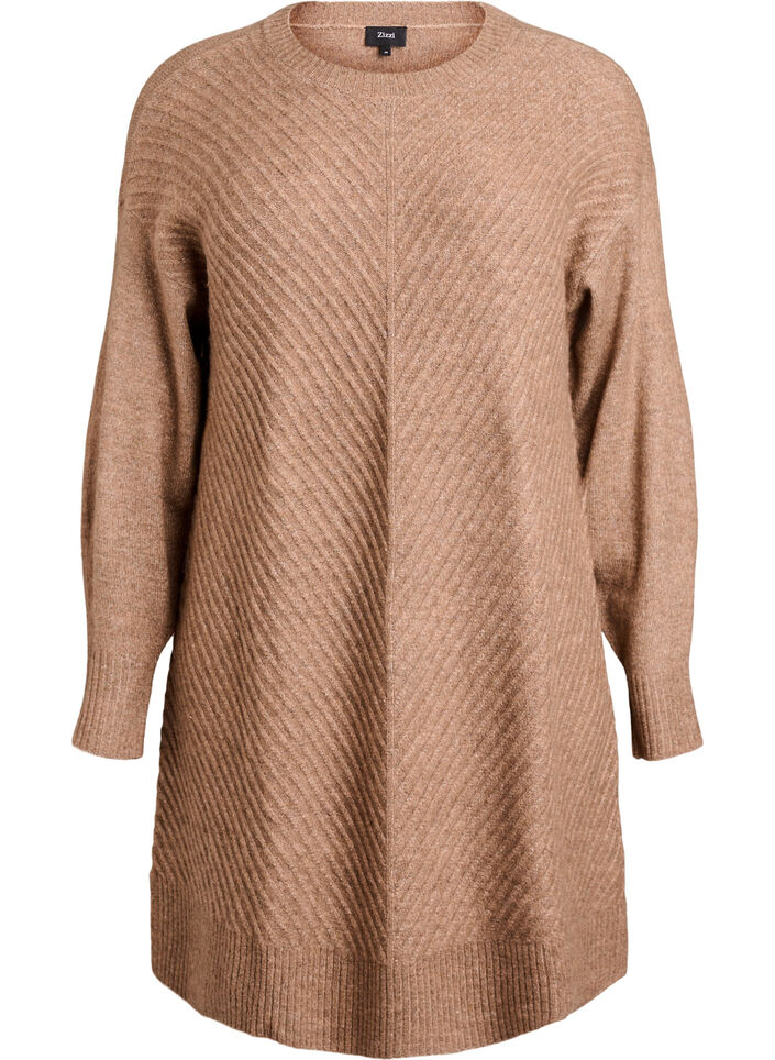Kort strikket kjole med V-formet teksturert mønster, Brun, Packshot image number 0