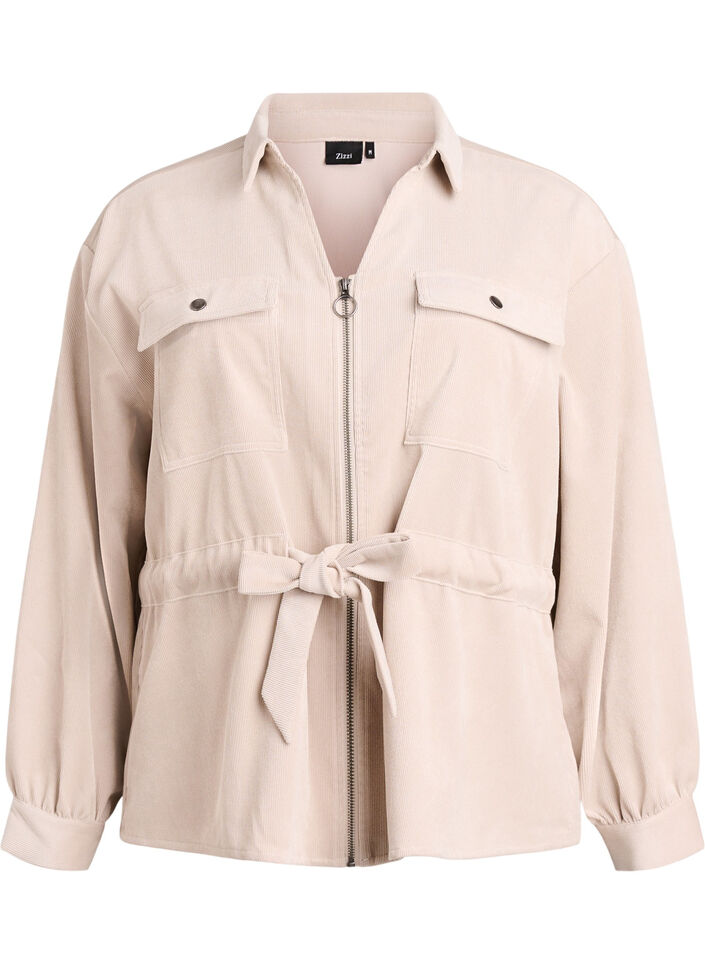 Cordfløyelshacket med knytebelte og lommer, Beige, Packshot image number 0