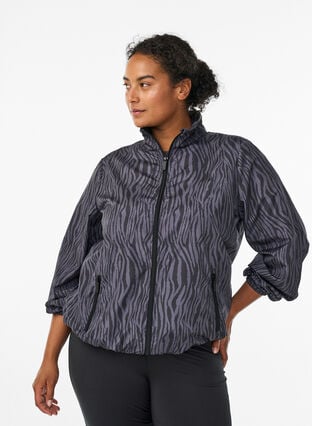 Zizzi Løpejakke med høy hals og justerbar fold, Grey Zebra AOP, Model image number 0