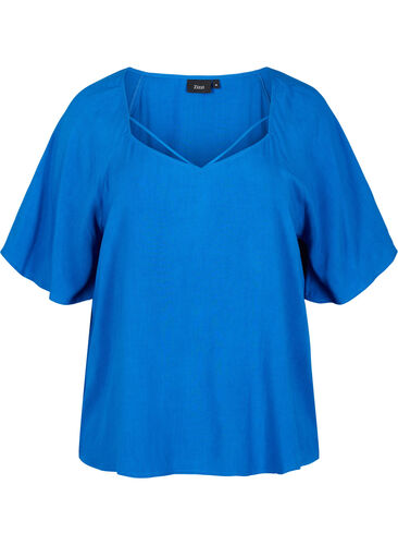 Kortermet viskosebluse med snøredetaljer, Classic Blue, Packshot image number 0