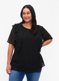 Kortermet bluse med volanger og prikkete mønster, Black, Model