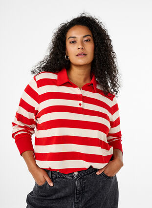 Zizzi Langermet poloskjorte med striper, Rød, Model image number 0