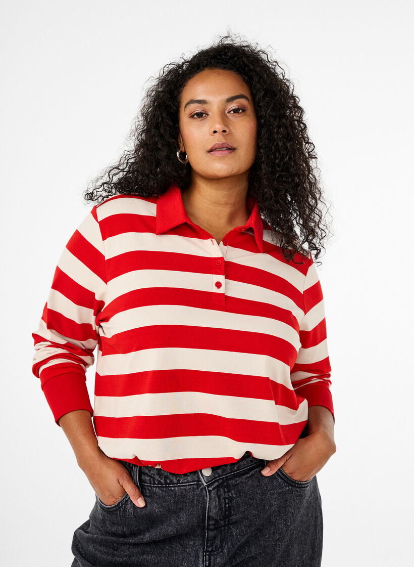 Langermet poloskjorte med striper, Rød, Model image number 0