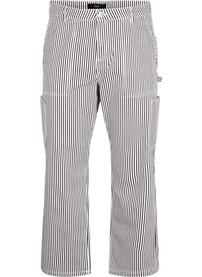 Stripete cargojeans med rett passform, Black White Stripe, Packshot image number 0