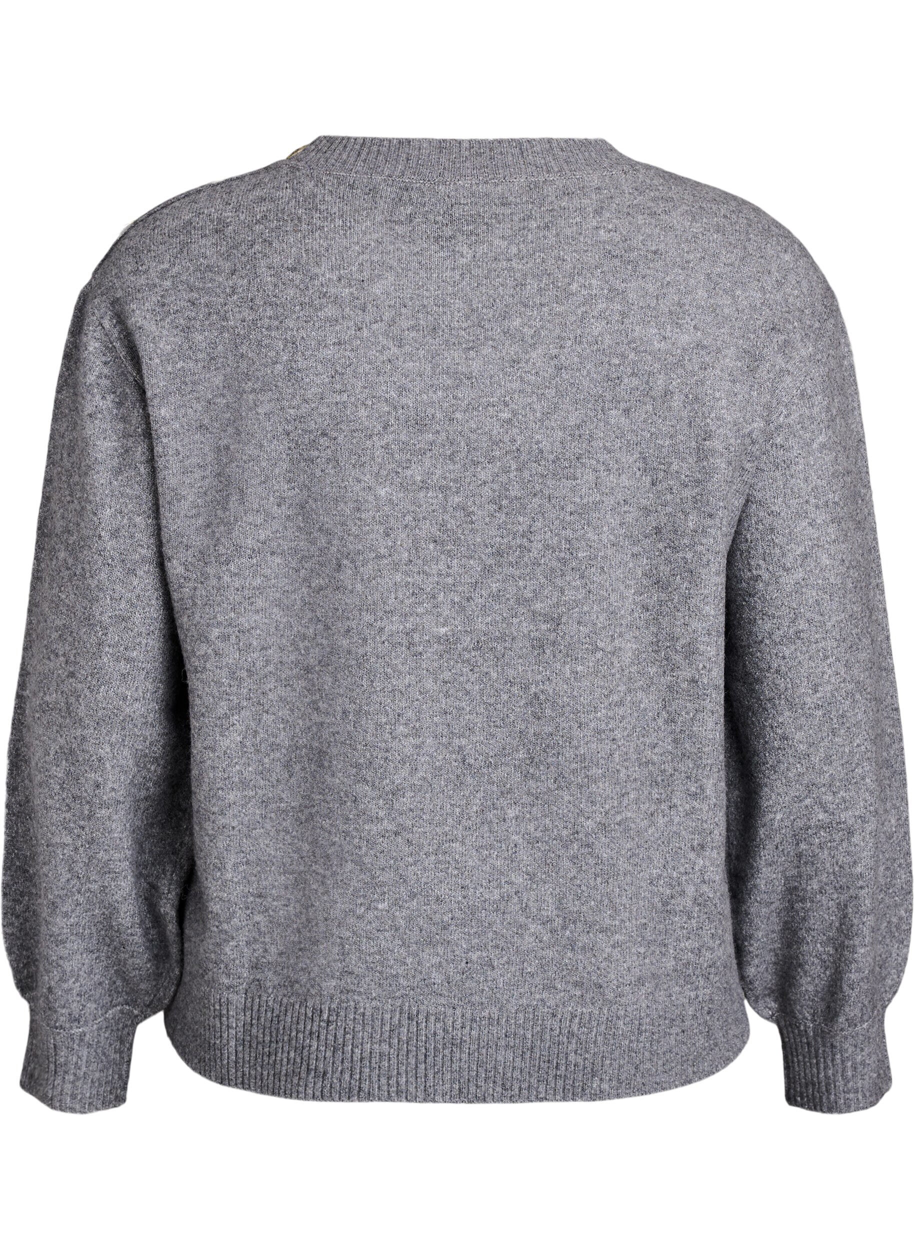 ZizziStrikket bluse med knappdetalj, Gr&aring;, Packshot image number 1
