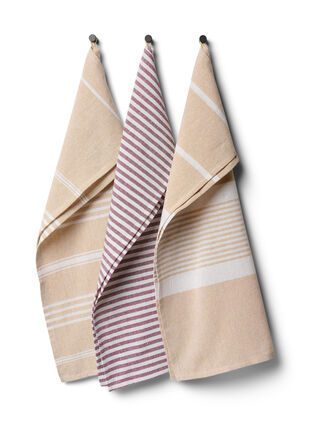 Stripete kjøkkenhåndkle i bomull, 3 stk., 3-Pack Beige/Red, Packshot image number 0