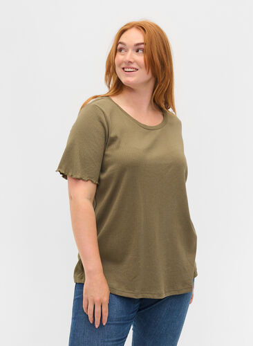 T-skjorte i et ribbet materiale , Dusty Olive, Model image number 0