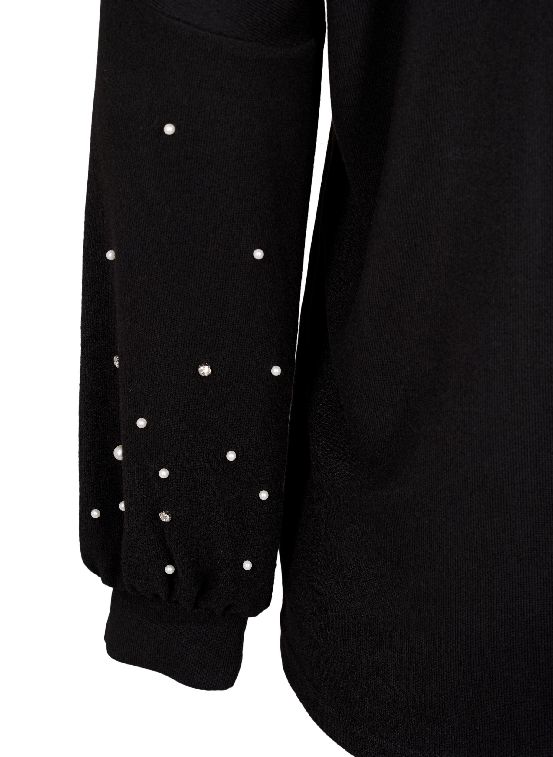 ZizziEnsfarget bluse med perler, Black, Packshot image number 3
